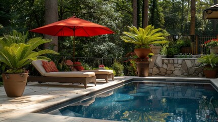 Experience luxury relaxation in a stylish poolside oasis with a red umbrella shading a sunbed by a pristine swimming pool, complemented by lush potted plants. 