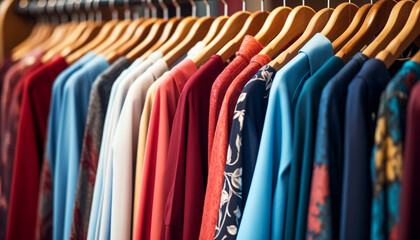 Obraz premium A rack of clothes with a blue shirt with flowers on it