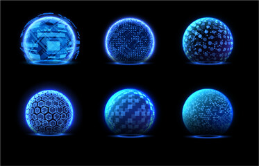 Set of blue glowing sphere shields with different surfaces, vector illustration