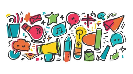 Colorful doodles of various objects and symbols, including clocks, pizza, cameras and glasses on a white background. Creativity and fun concept, with various shapes