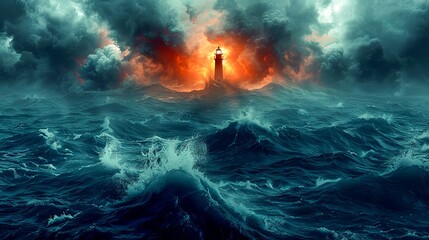 Dramatic stormy ocean scene with crashing waves and a beacon of light from a lighthouse amidst dark, swirling clouds.