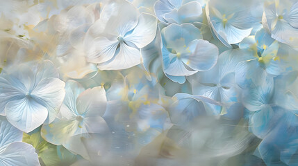 abstract hydrangea blooms with pastel blue petals and a dreamy background. generative ai