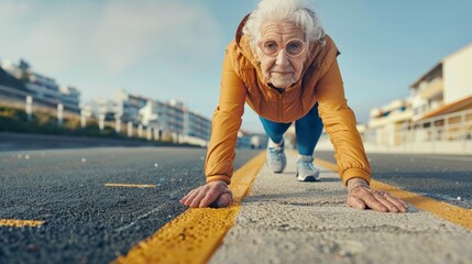 Starting position, senior woman running on beach promenade, sky mockup or exercise. Elderly woman ready to run, cardio and fitness training for sports, marathon, or energy