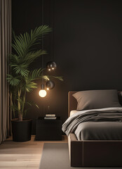 bedroom with a bed, nightstand, and a potted plant