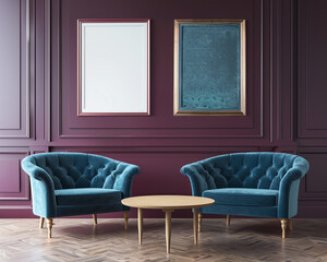 Stylish room with two frames over a rich plum wall, teal velvet sofa, and minimalist oak table.