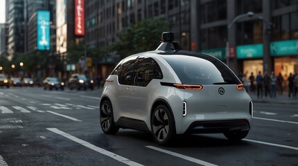A futuristic self-driving car navigating bustling city streets, seamlessly blending into the urban landscape ai_generated