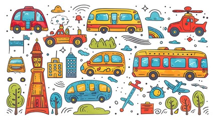 Colorful transportation doodle elements, including airplanes, buses, and cars, against the backdrop of the city skyline on a white background