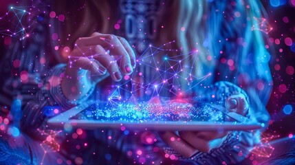 Person using tablet with blue holographic data interface, representing technology, innovation, and digital network concepts.