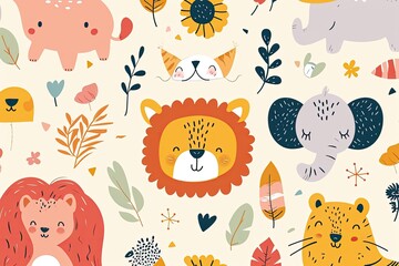 a pattern of animals and flowers, Adorable vector background featuring cute cartoon animals and playful elements