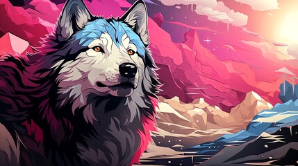 Vibrant digital artwork of a majestic wolf in a surreal landscape with bold colors and evocative lighting.