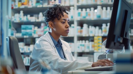 Pharmacy, black woman, and asthma inhaler for relief, breathing, or treatment. African woman with chest discomfort, lungs, or allergy taking deep breath in pump in medical treatment.