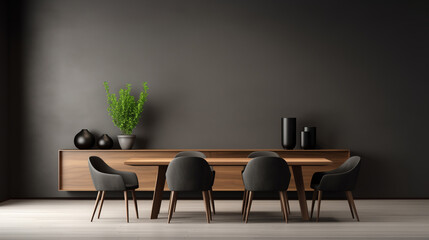 Modern dining room with a wooden table and chairs grey wall