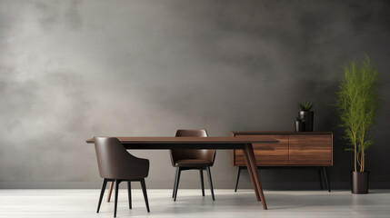 Modern dining room with a wooden table and chairs grey wall