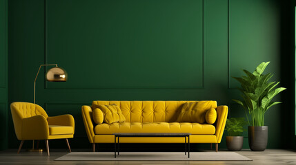 living room yellow couch sits in front of a green wall