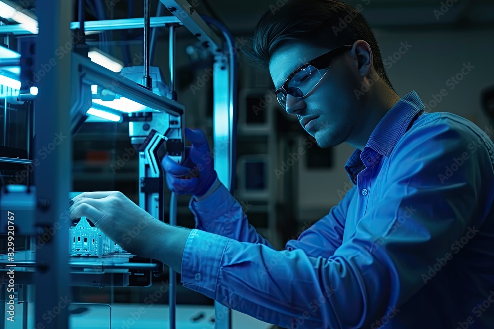 Fototapete a man in a lab coat working on a machine, factory floor with workers operating machinery