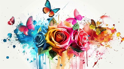 Colorful graffiti style painting of roses and two butterflies and paint splashes on a white background