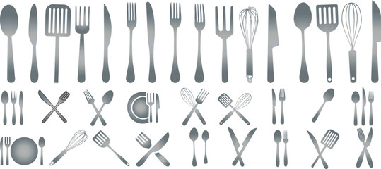 kitchen utensils vector illustration set, cutlery set, flatware collection, silverware, including spoon, fork, knife, spatula, whisker, ladle, tongs, peeler, grater