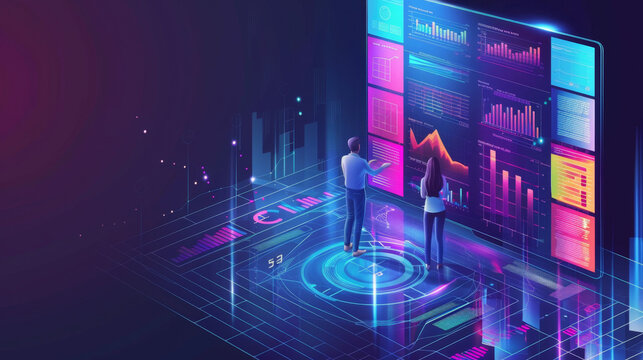 Two people analyzing various data visualizations on a large, futuristic digital screen in a high-tech environment. Team Analyzing Data on Futuristic Digital Interface

