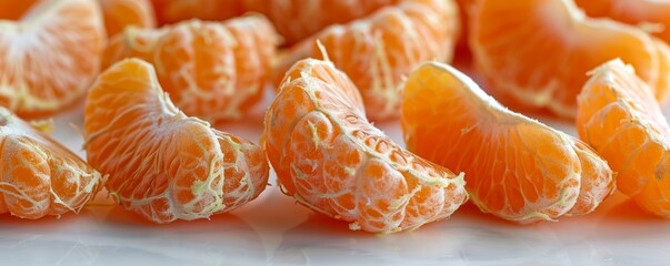 Ripe tangerine segments arranged artistically, isolated on white background, ideal for culinary presentations, bright and fresh, room for copy
