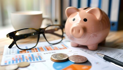 Financial Concept Piggy Bank Next to Income and Expense Account represents good money management 