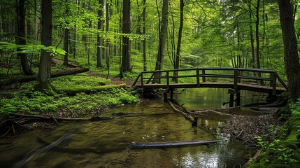 A wooden bridge crosses a small river in a lush green forest.