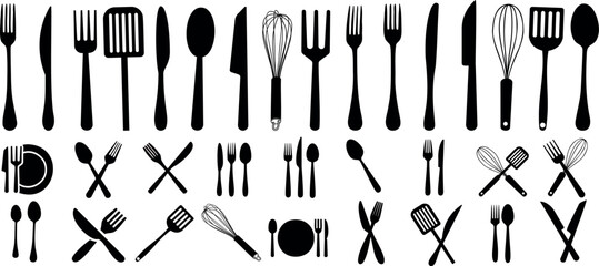 Kitchen utensils and cutlery icons set including knives, forks, spoons, spatulas, whisks. Perfect for culinary, cooking, and restaurant designs