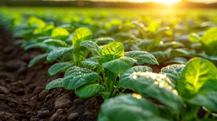 Close-up of young green plants in a field during sunrise, showcasing vibrant agricultural growth and natural beauty.