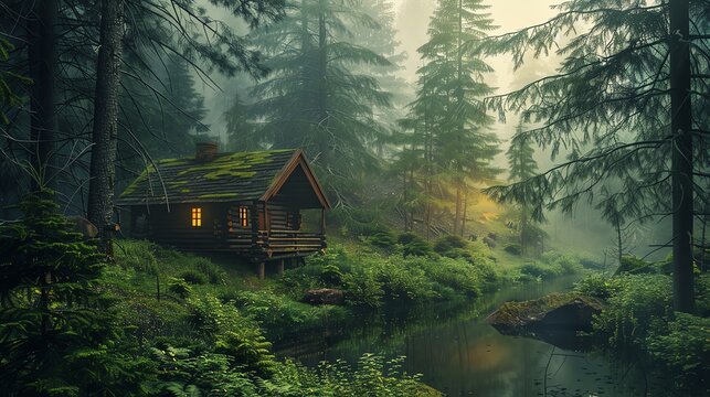 A wooden cabin nestled in a misty forest. The cabin is surrounded by tall trees and lush greenery. A river runs in front of the cabin.