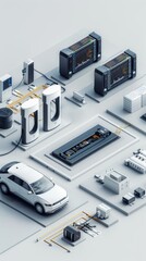 Fototapeta na wymiar Innovating Mobility. Detailed view of infrastructure supporting electric vehicles, including charging stations, battery testing units, and maintenance facilities.