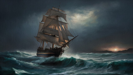 Obraz premium Sailing ship among the rough waves at sea, canvas painting, artwork