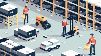 Obraz premium A group of warehouse workers coordinating with autonomous robots to manage inventory and logistics