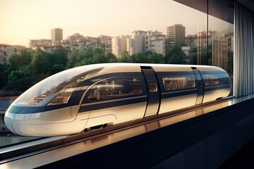 Naklejka premium a train is traveling on the tracks near a window, A high-speed magnetic levitation train for efficient transportation