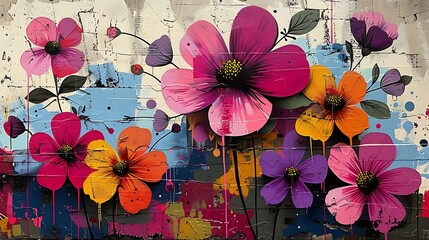 Urban graffiti art with abstract floral shapes, bold colors, street art influence, dynamic composition, spray paint textures, bright purples, yellows, and reds, artistic lettering, energetic.