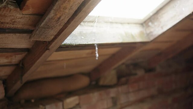 Drops of water fall from attic window. Leak old wooden attic roof. Time for urgent roof repairs