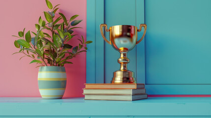 Shiny gold trophy and books at a graduation ceremony symbolize academic victory in a vibrant 3D render, showcasing educational success and achievement.