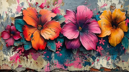Urban graffiti art with floral elements, bold and bright colors, abstract flower shapes, street art textures, dynamic composition, spray paint effects, vivid greens, pinks, and blues, artistic text.