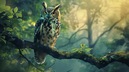 majestic owl perched on branch wise forest bird nocturnal raptor realistic wildlife painting