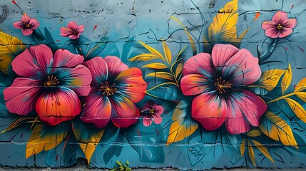 Urban graffiti art with floral stencils and spray paint effects, vibrant colors, dynamic and energetic composition, bright pinks, yellows, and oranges, youthful and lively, intricate floral patterns.