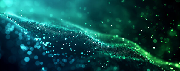 Abstract digital network background banner with glowing light and connecting data dots in blue and green colors. Big data technology concept.
