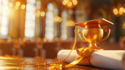 3D render of an academic ceremony with a gold trophy and diploma, representing educational achievement and excellence with vibrant colors and detailed illustration.