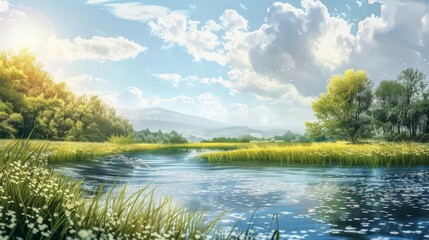 Obraz premium majestic river flowing through serene meadow landscape idyllic nature scenery ai generated illustration