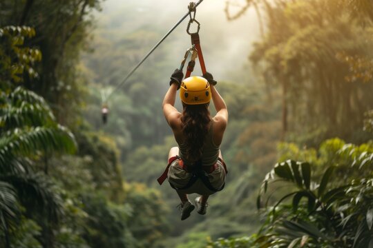 a man riding a zipline through a lush green forest, An adventurer zip-lining through the tropical rainforest in Costa Rica