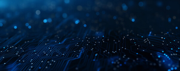 Abstract digital network circuit board background banner with glowing light and connecting data dots in blue and black colors. Big data technology concept.