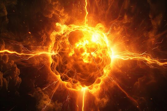 a computer screen with a sun, An atomic explosion background with dynamic energy waves