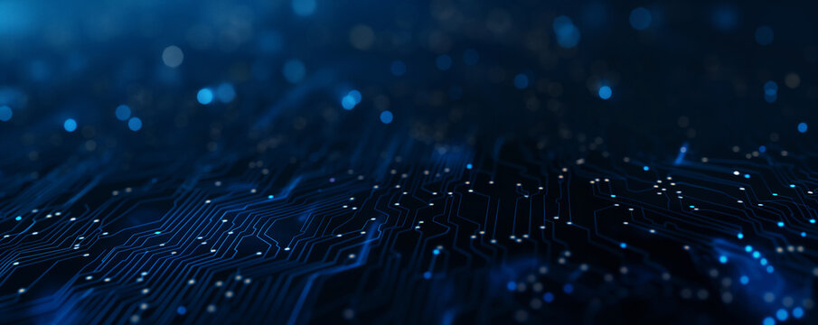 Abstract digital network circuit board background banner with glowing light and connecting data dots in blue and black colors. Big data technology concept.