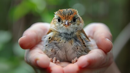 Hands cradling a small bird during a wildlife conservation effort. Minimal and Simple style
