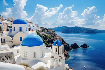 a beautiful view of the sea and a cruise ship, An idyllic view of the Greek Isles in Mediterranean