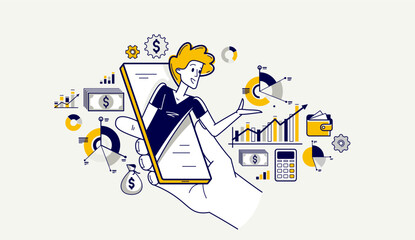 Online business and finance consulting vector outline illustration, adviser instructor explains lecture on internet, consultant.