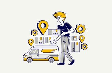 Delivery worker preparing packages vector outline illustration, logistics courier using van for parcels, order goods in a shop and receive it fast and free.
