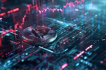 Obraz premium Crypto Core: Bitcoin on a Holographic Circuit Board with Futuristic Data Streams